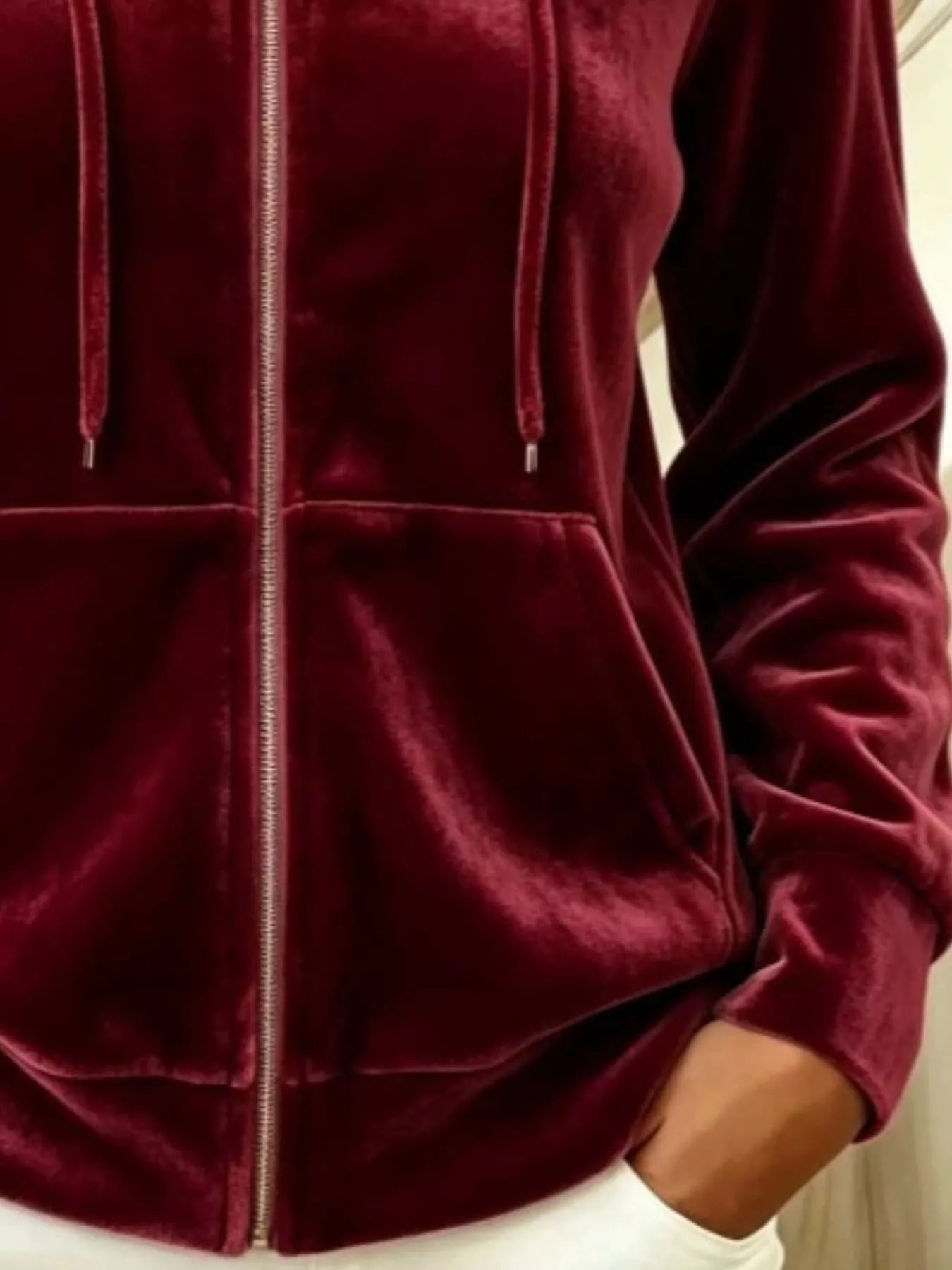 Trendsi Full Size Velvet Zip-Up Outerwear with Drawstring Plus Size -