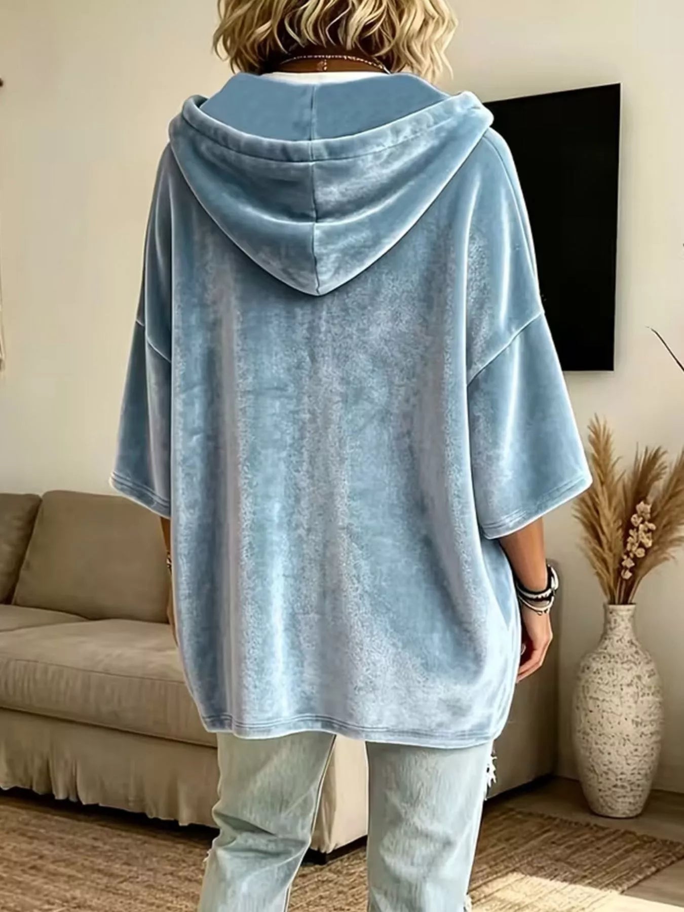 Trendsi Velvet Loose Fit Hoodie with Drawstring -