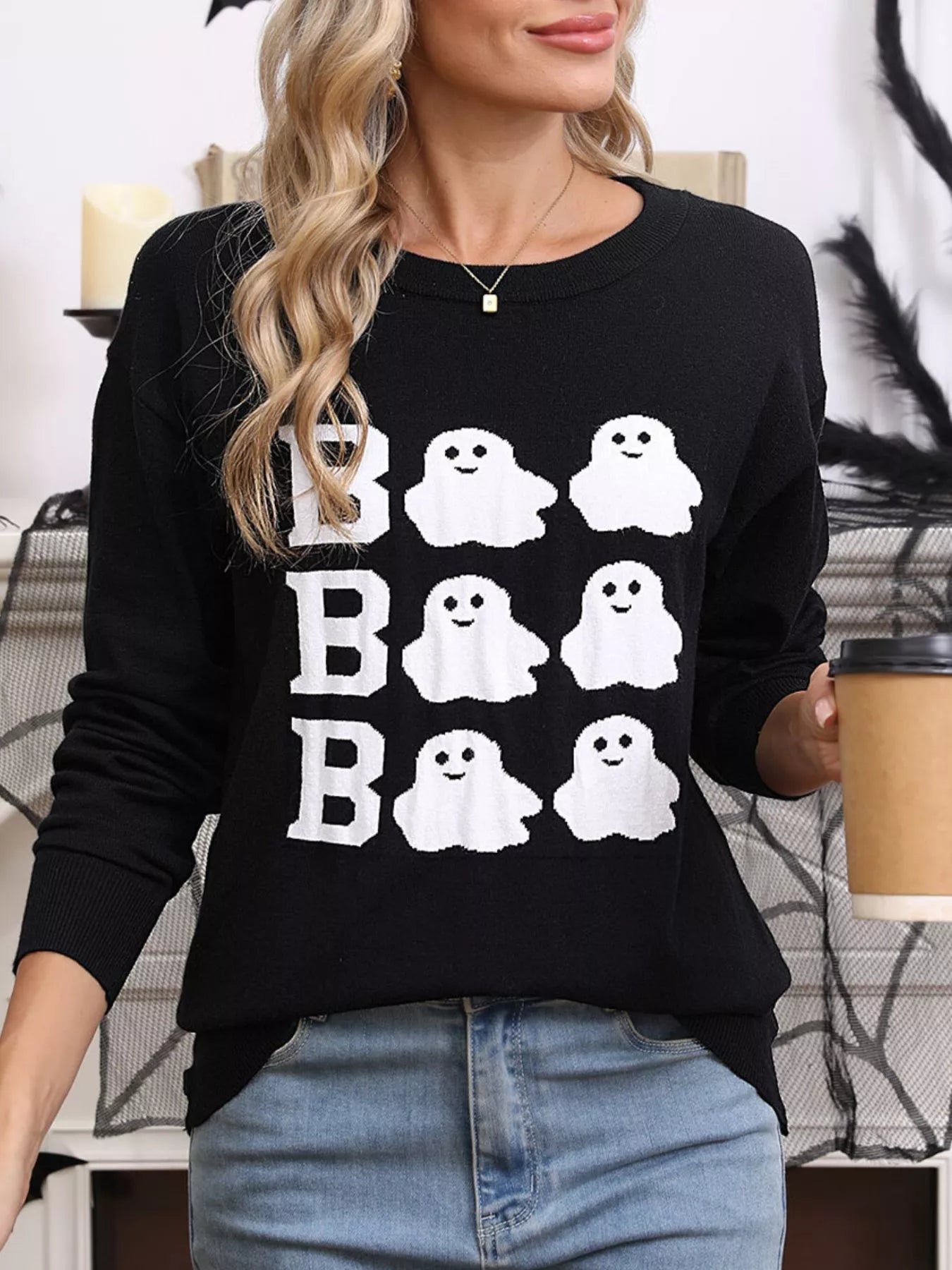 Trendsi Halloween Ghost Graphic Crew Neck Sweater -