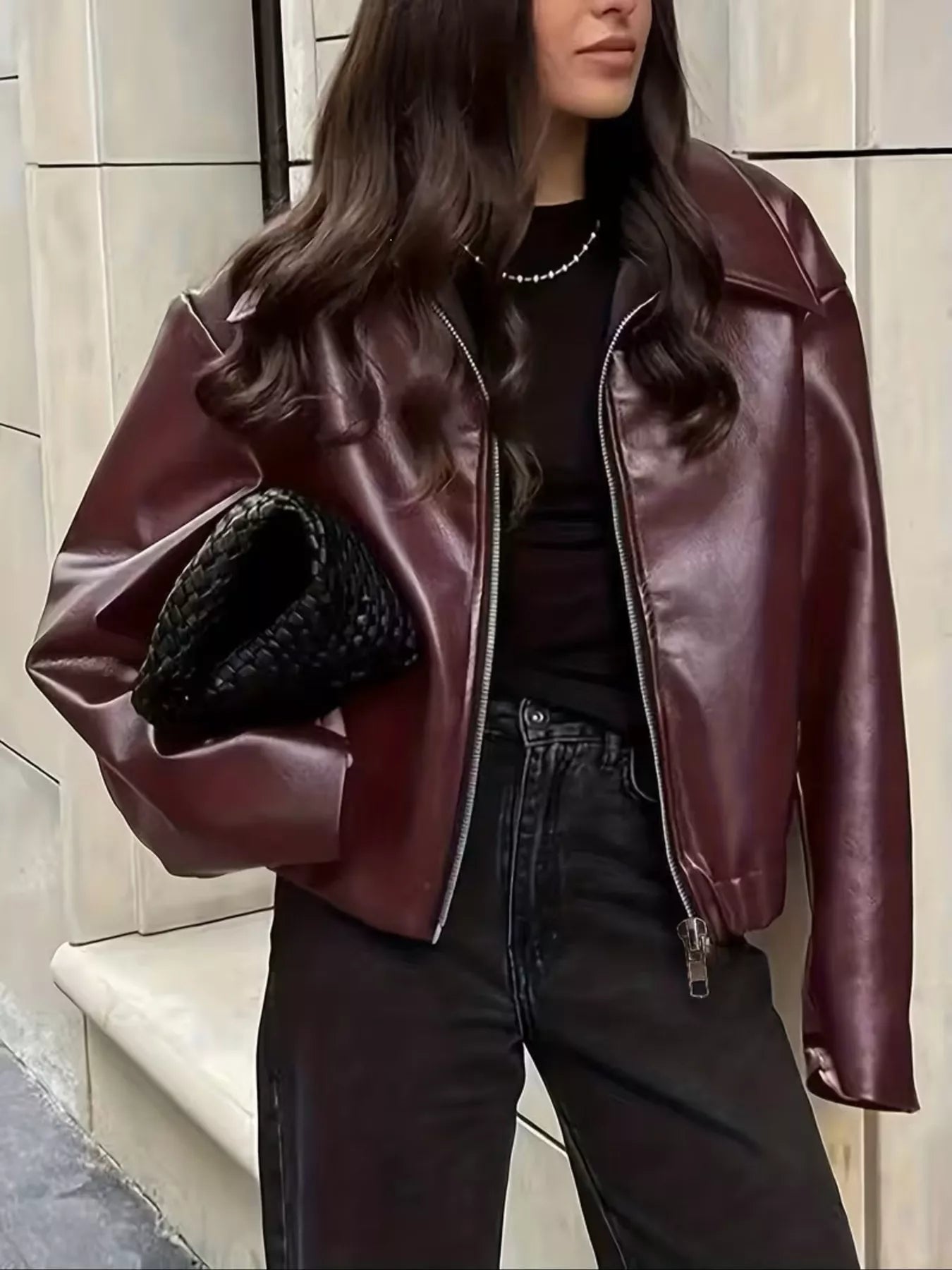 Trendsi Oversized Faux Leather Zip Up Moto Jacket -