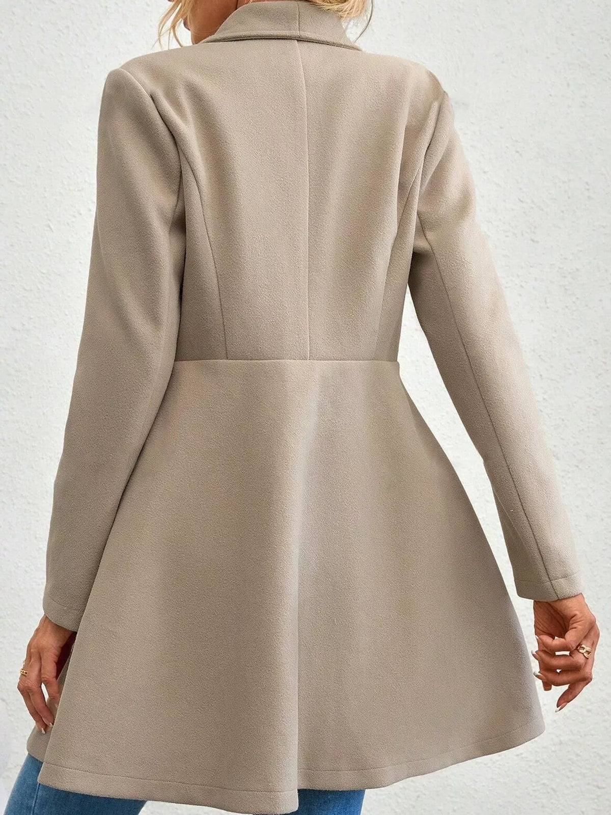 Khaki double-breasted slim-fit coat, back view