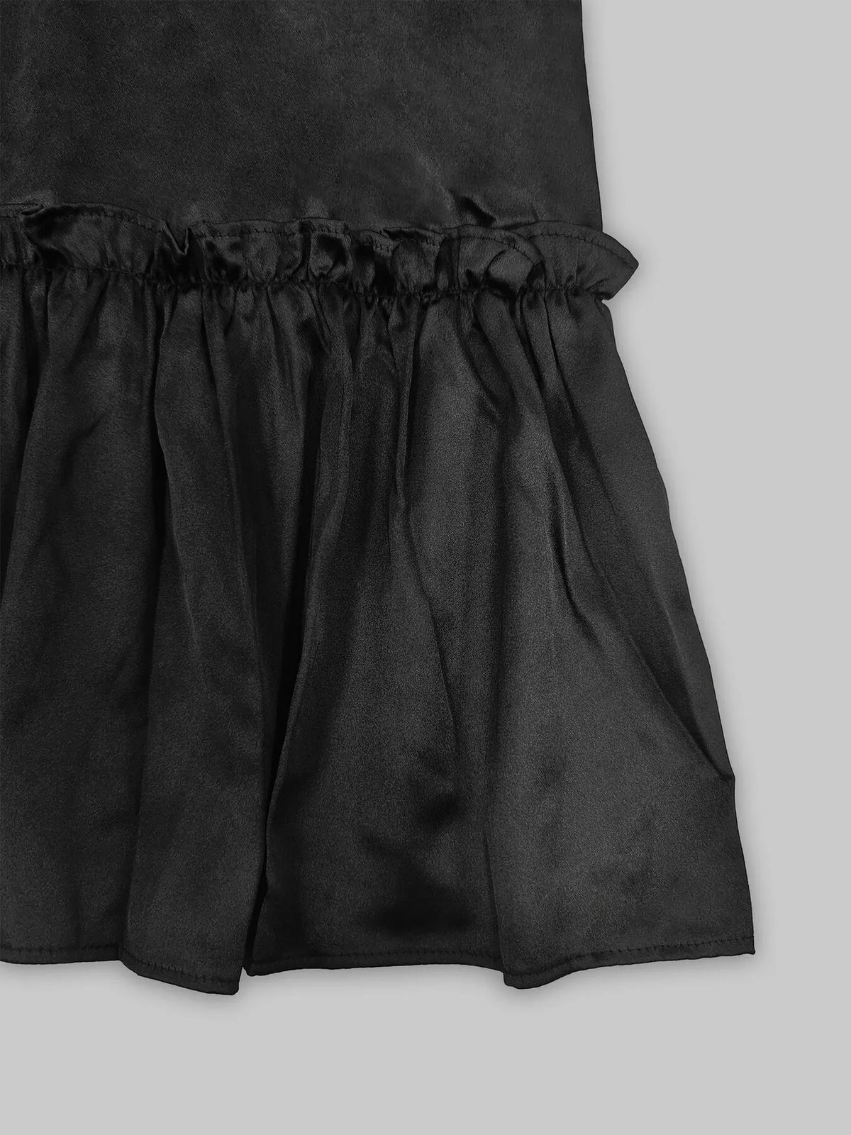 Pearl-trim mini dress, black ruffled hem detail