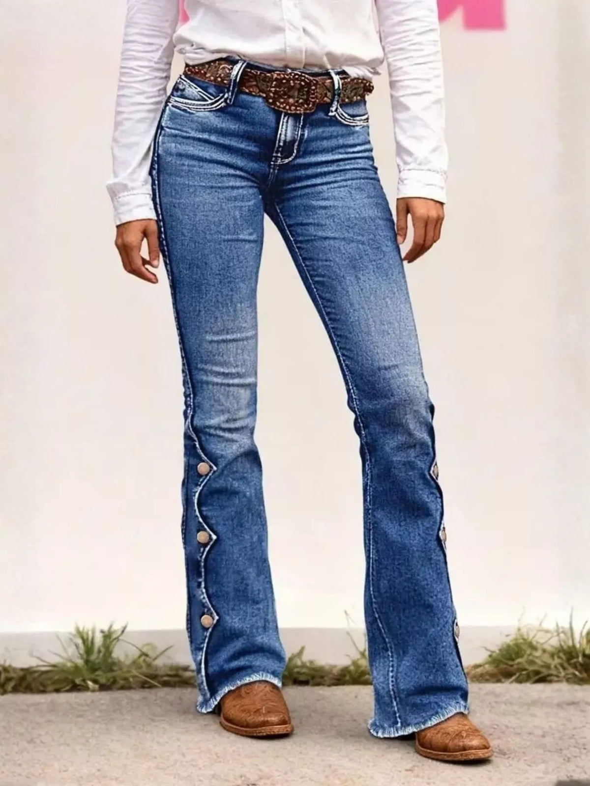 Raw Hem Bootcut Jeans in medium blue, front view