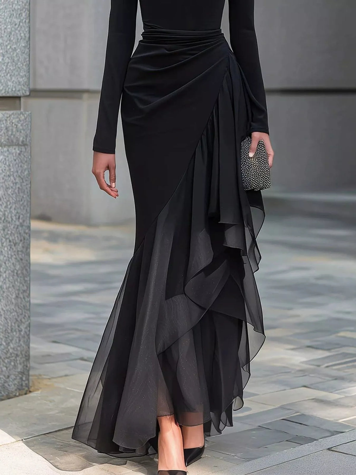 Cowl neck long sleeve maxi dress, construction and design details