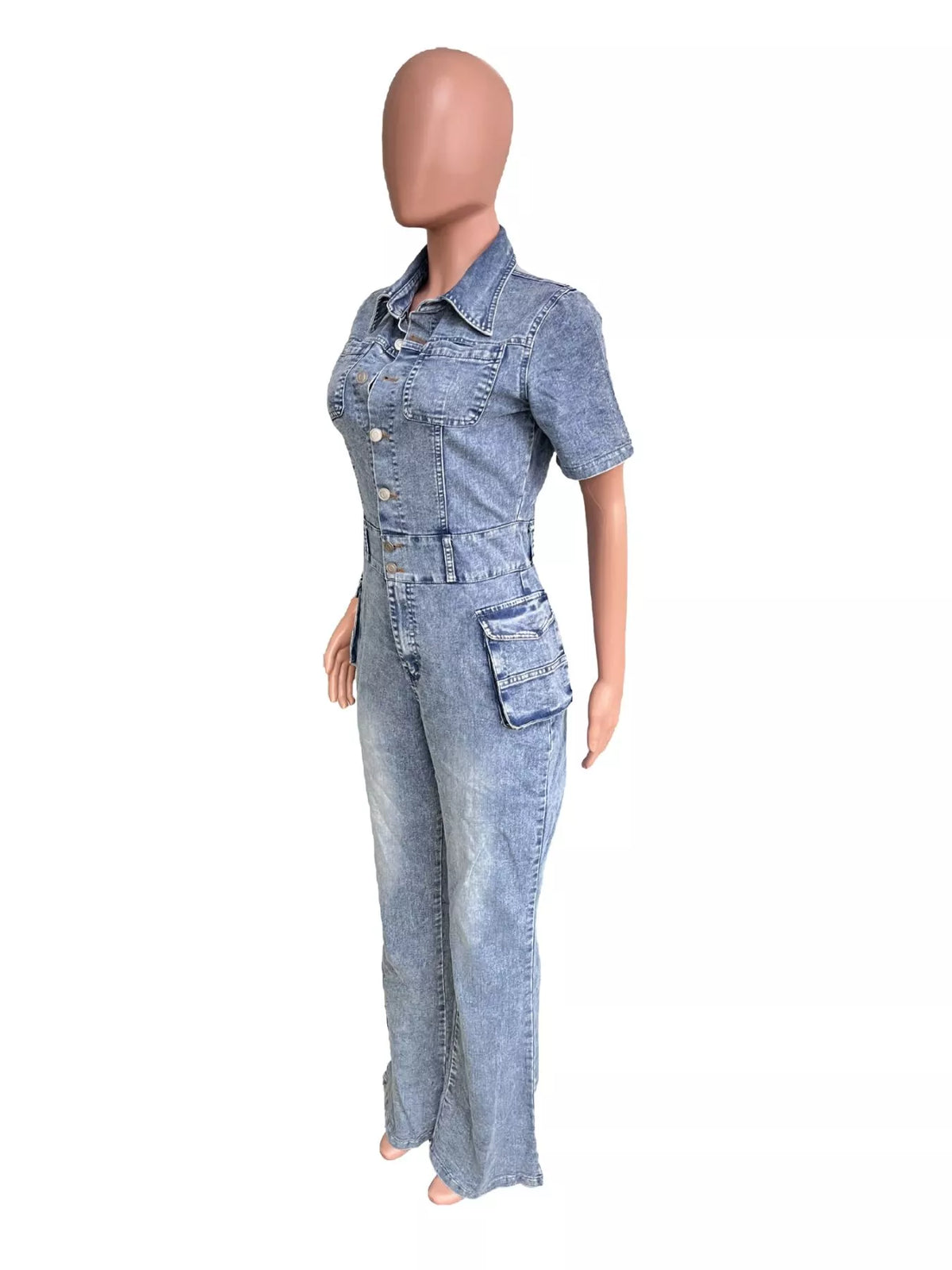 Blue flared denim cargo jumpsuit, side view