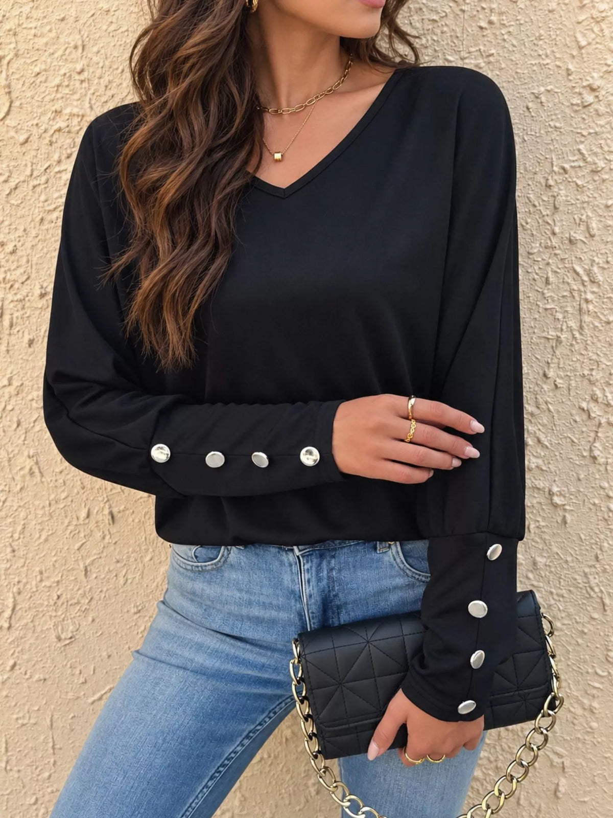 Decorative Button V-Neck Long Sleeve T-Shirt in black