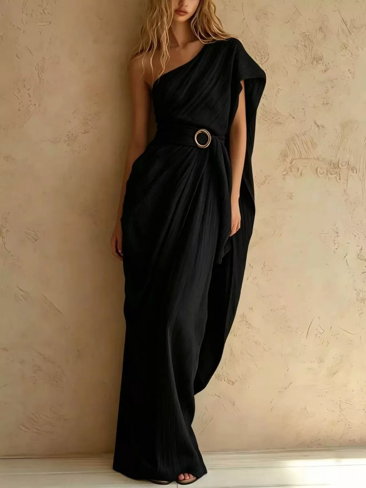 Black one-shoulder draped maxi dress, full front view