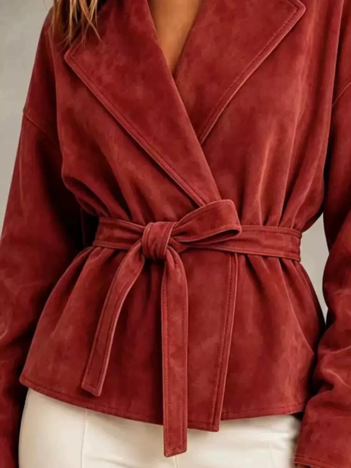 Red tie-waist lapel collar jacket, lapels and tie belt