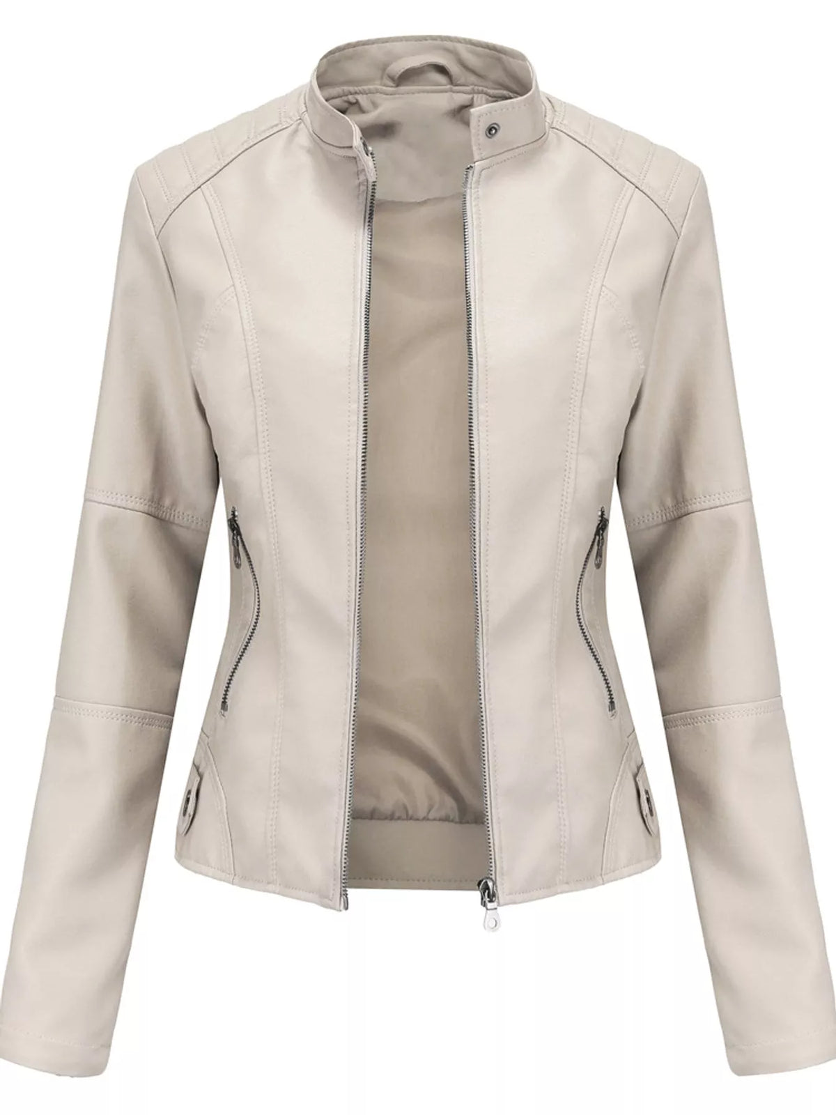 Faux-leather moto jacket, cream open front