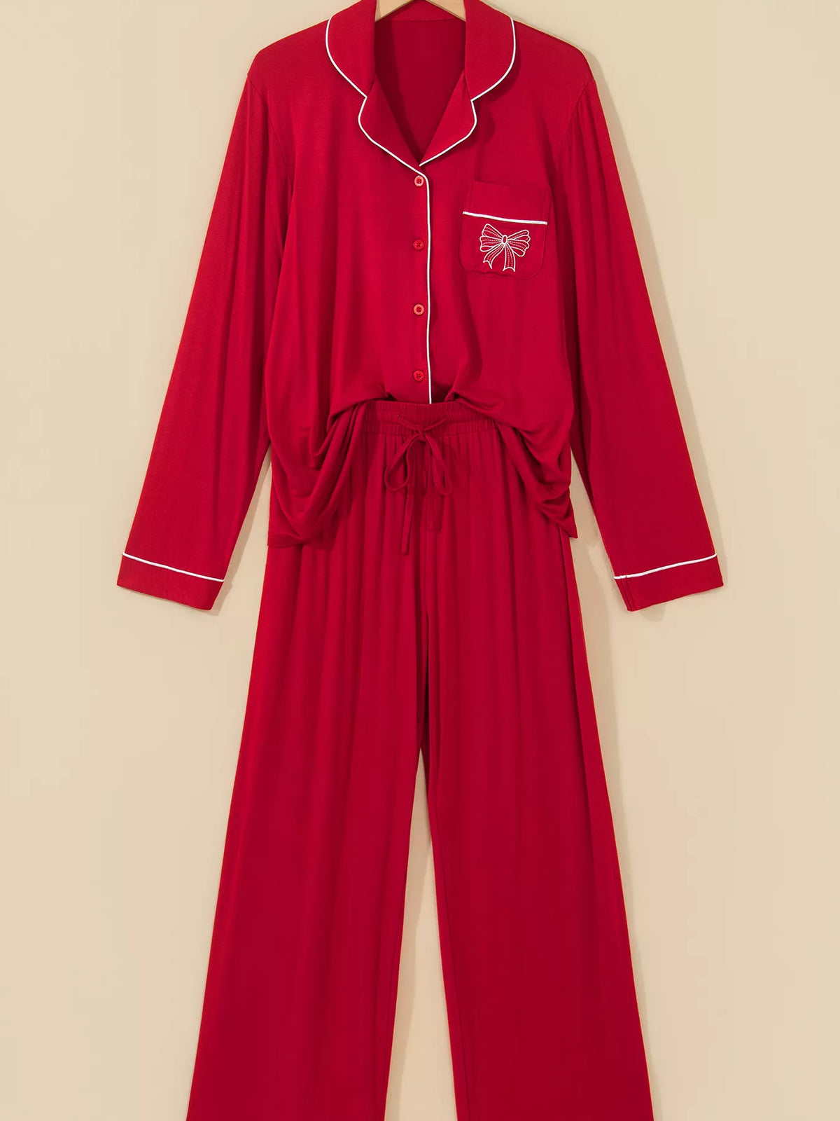 Deep Red bow pocket long sleeve pajama set