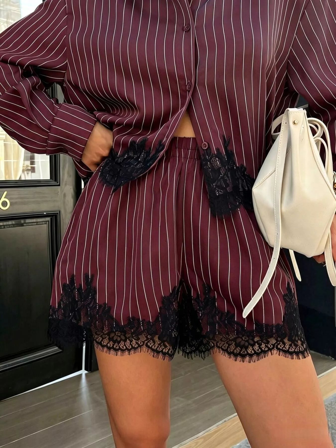 Trendsi Lace Trim Striped Button-Down Shirt and Shorts Set -