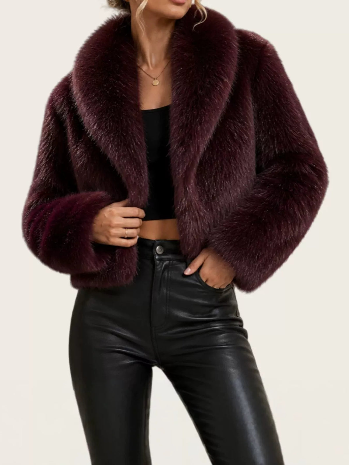 Faux Fur Cropped Coat in burgundy