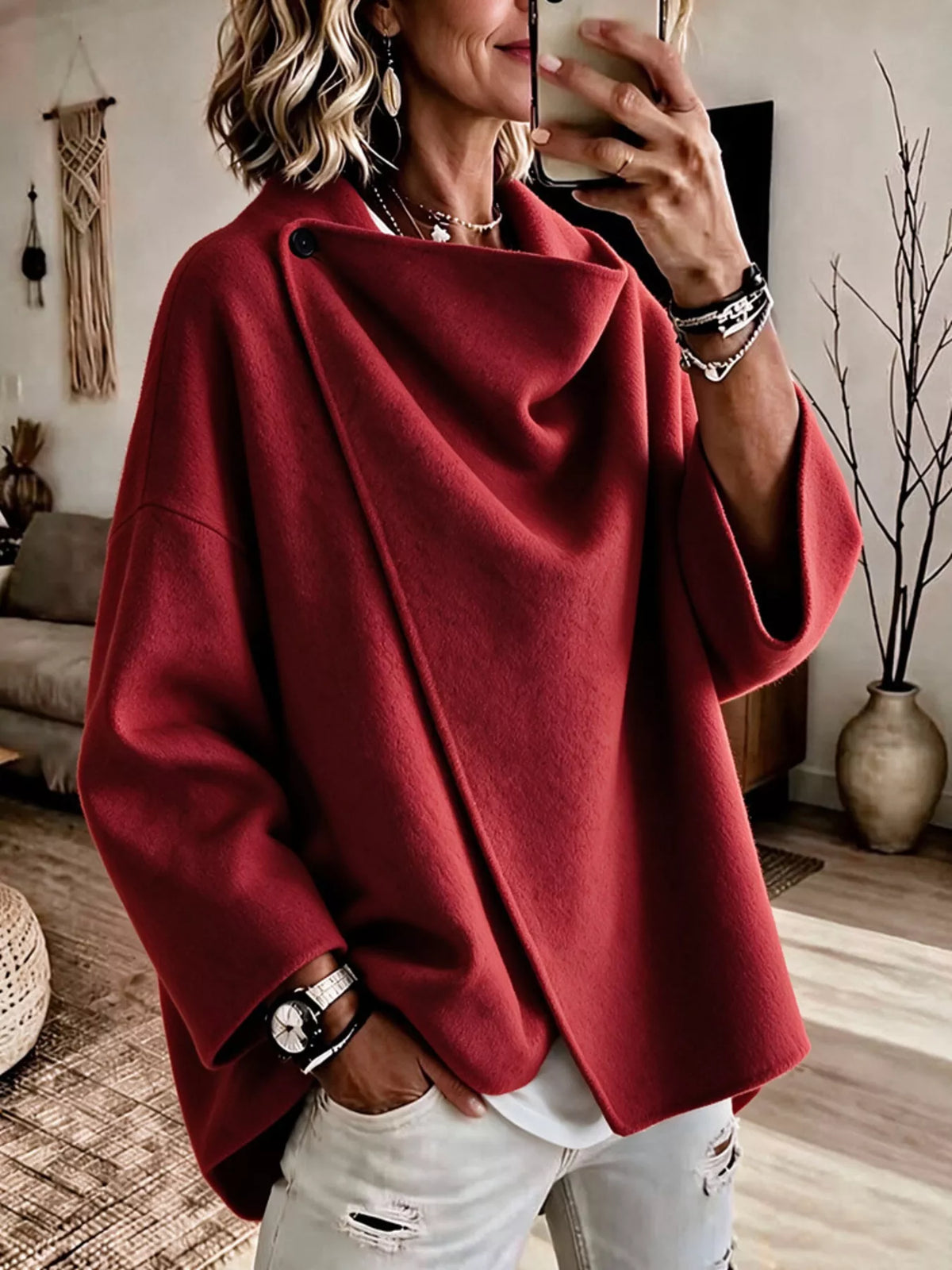 Women's Asymmetric Collar Button Detail Jacket in red — front view