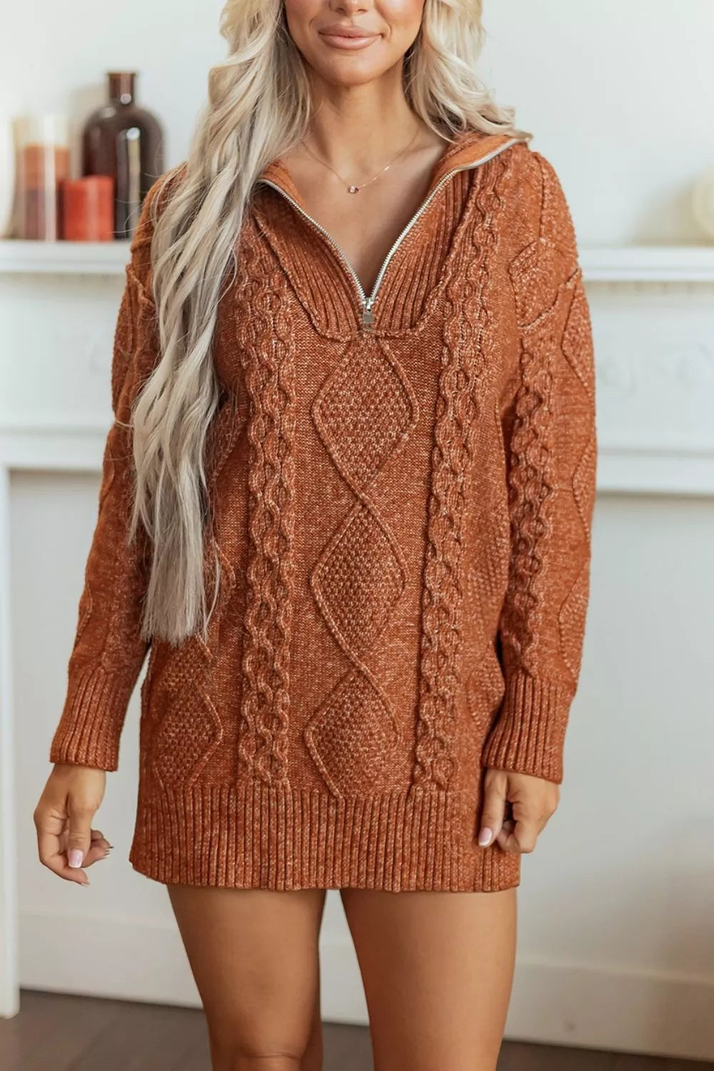 Trendsi Zip-Up Cable Knit Drop Shoulder Sweater Dress -