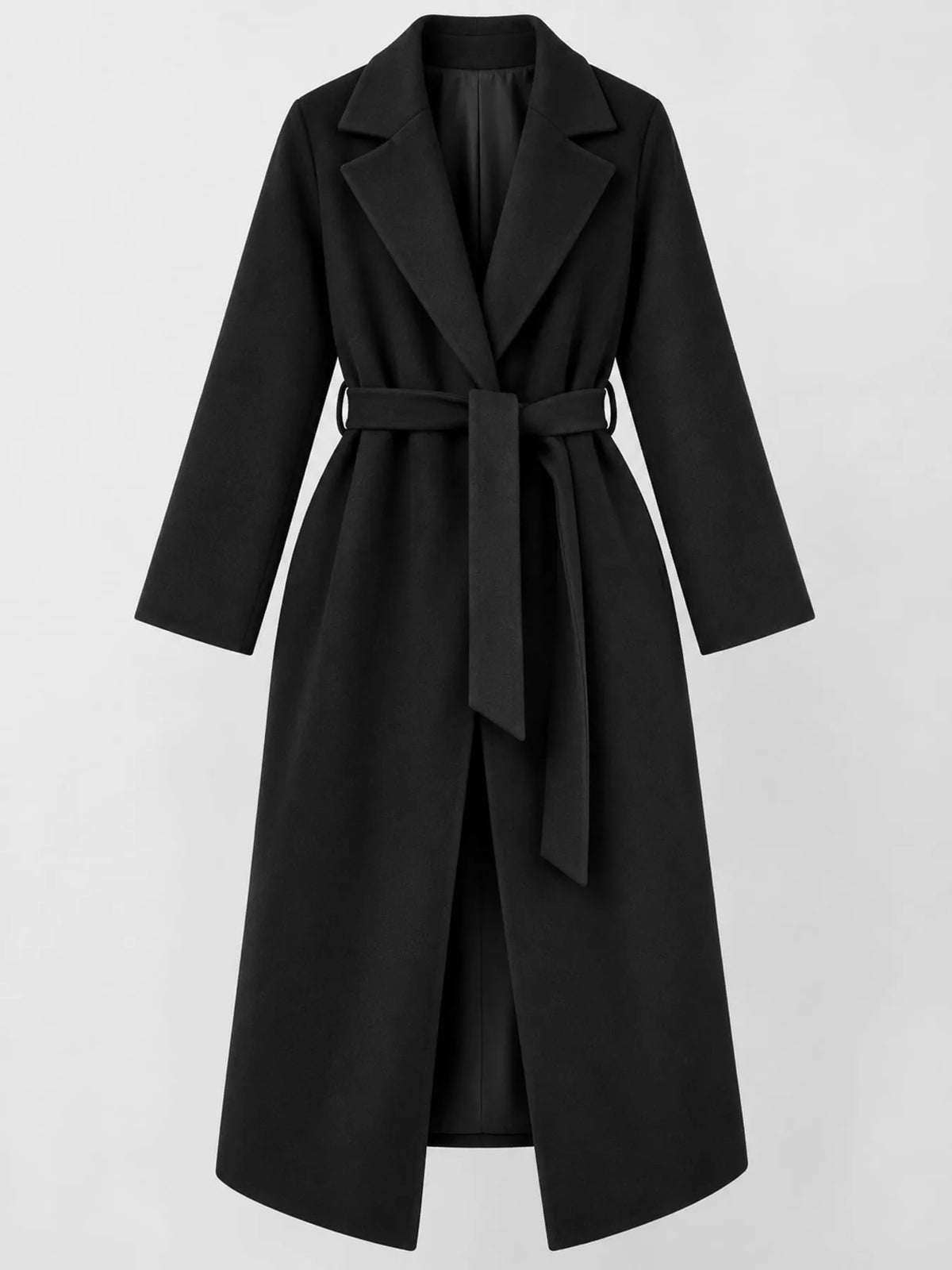 Black lapel collar belted coat