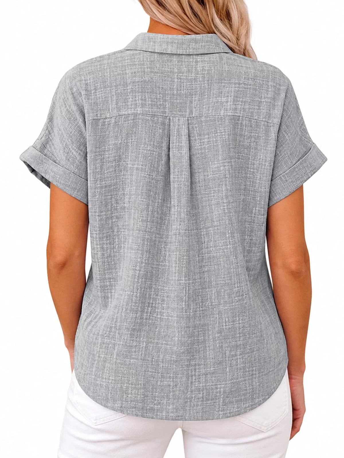 Women's Button Up Short Sleeve Shirt in gray — back view