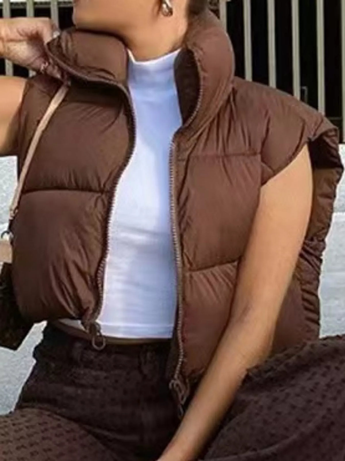 Cropped Zip-Up Puffer Vest in brown, front view