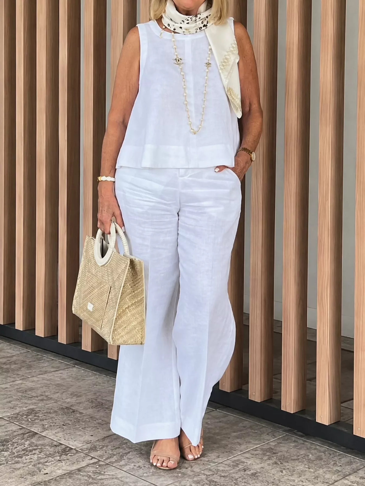 Sleeveless Top and Wide-Leg Pants Set — front view