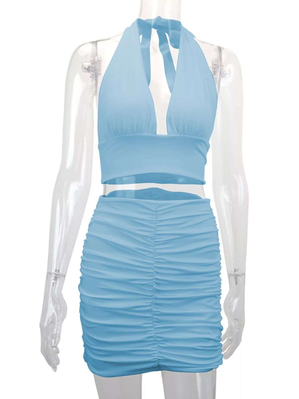 Blue halter crop top and ruched bodycon mini skirt set