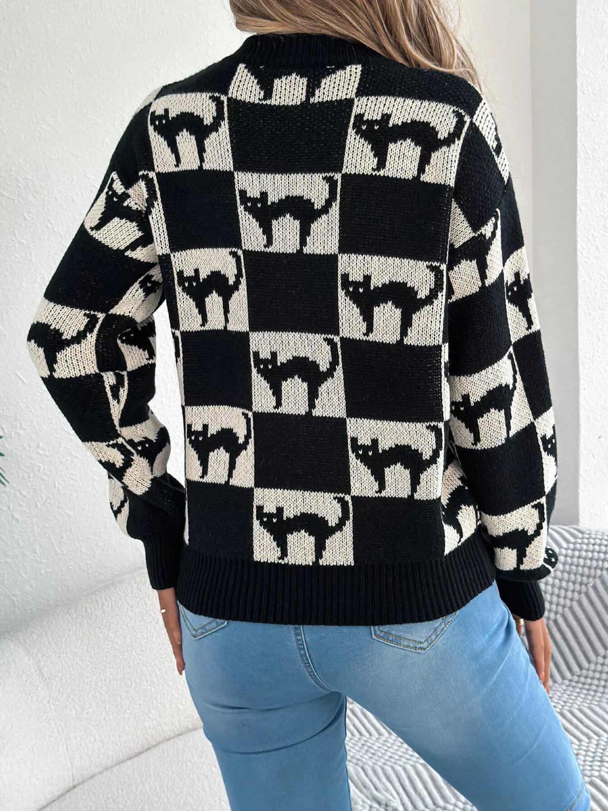Checkerboard Halloween Graphic Sweater in black cat, back view