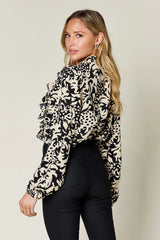 Trendsi Double Take Full Size Printed Ruffle Trim Balloon Sleeve Shirt -