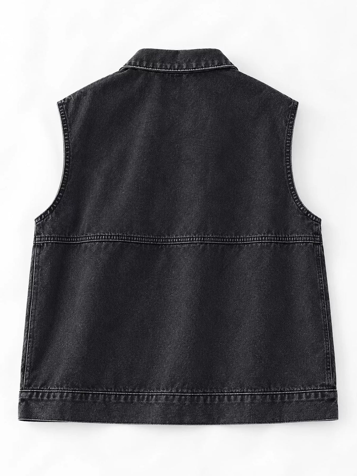 Black vintage washed sleeveless denim jacket vest, back view