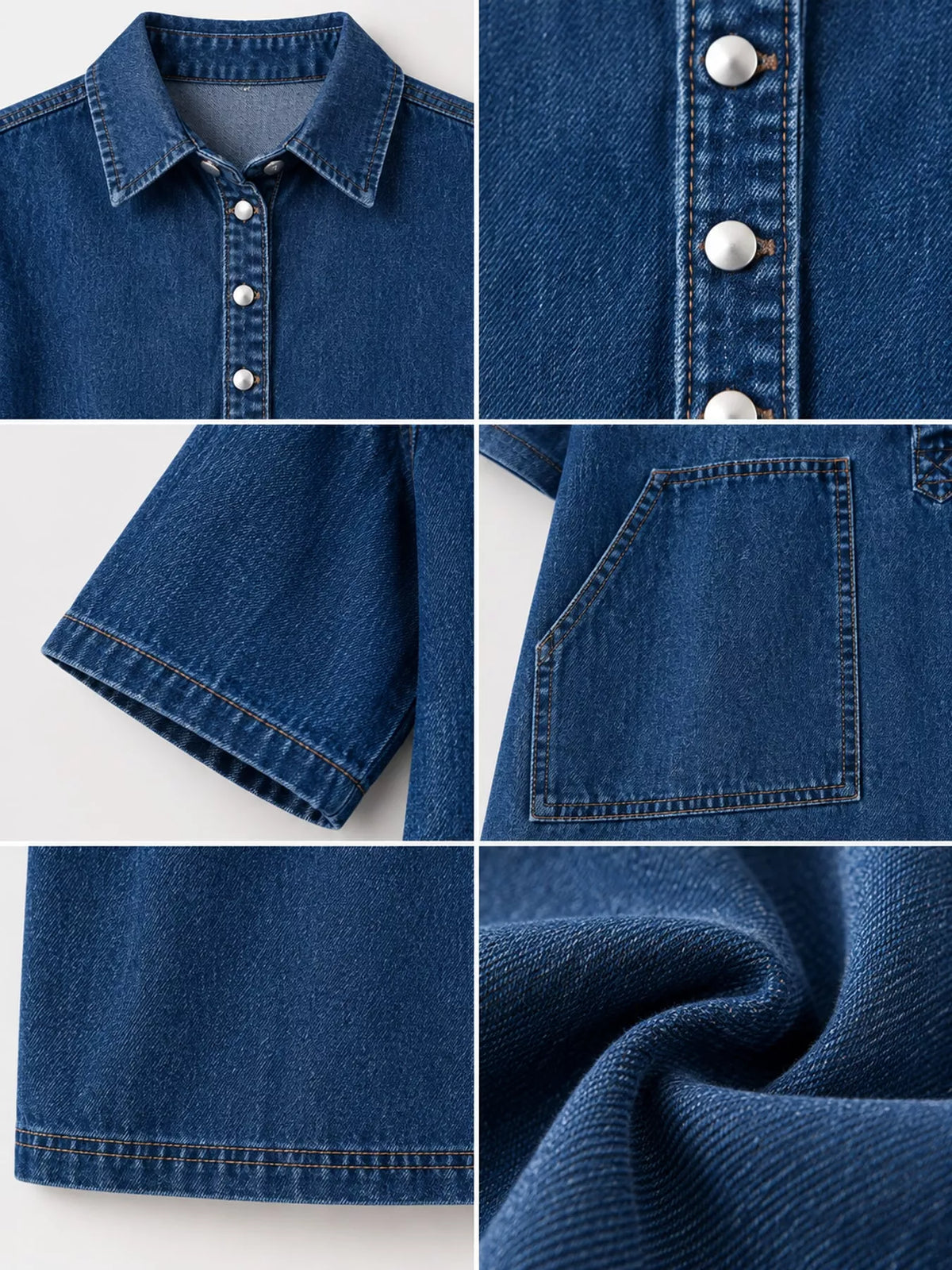Blue button front denim shirt dress, detail view