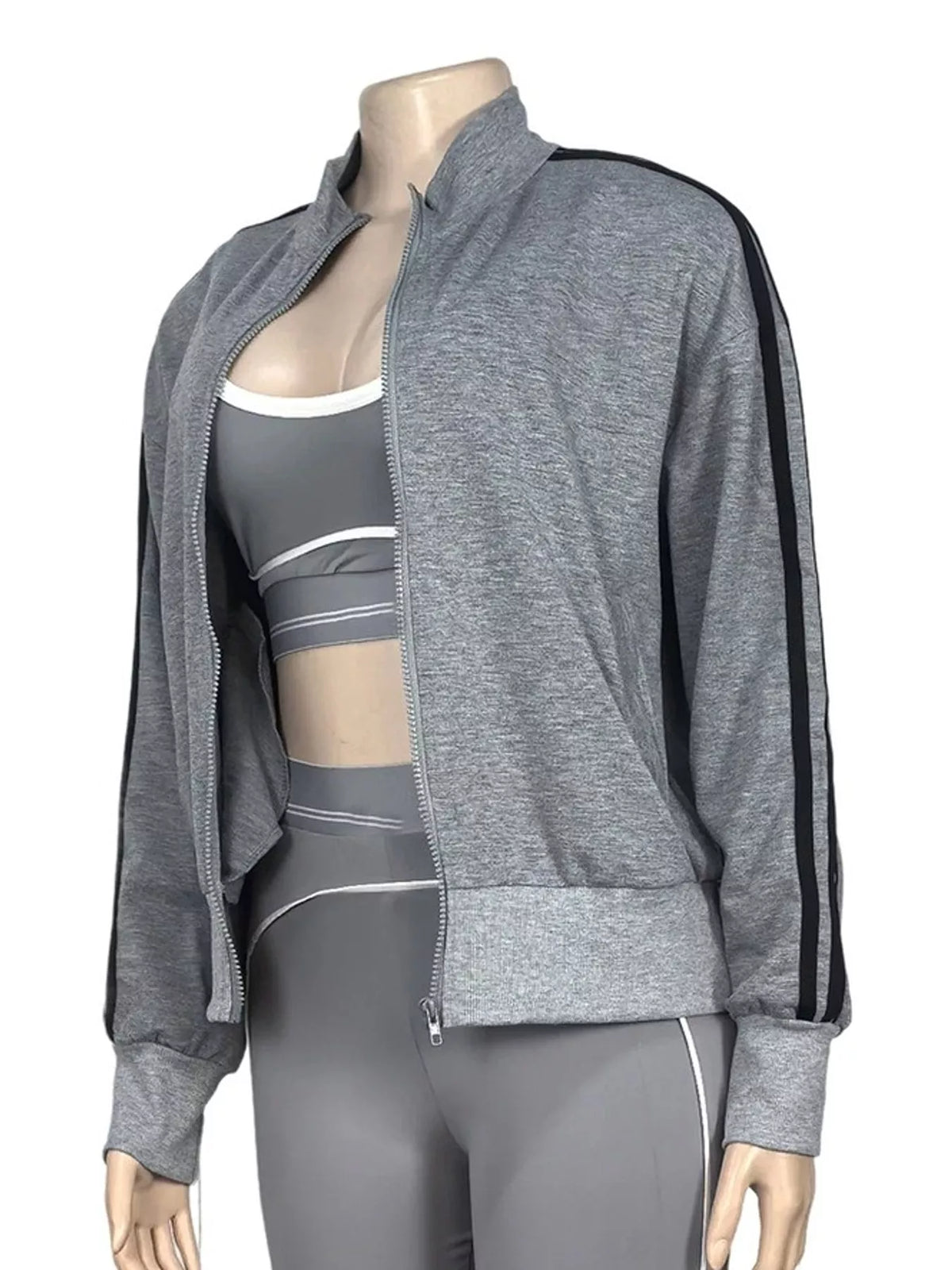 Gray side stripes zip-up sweatshirt — front view