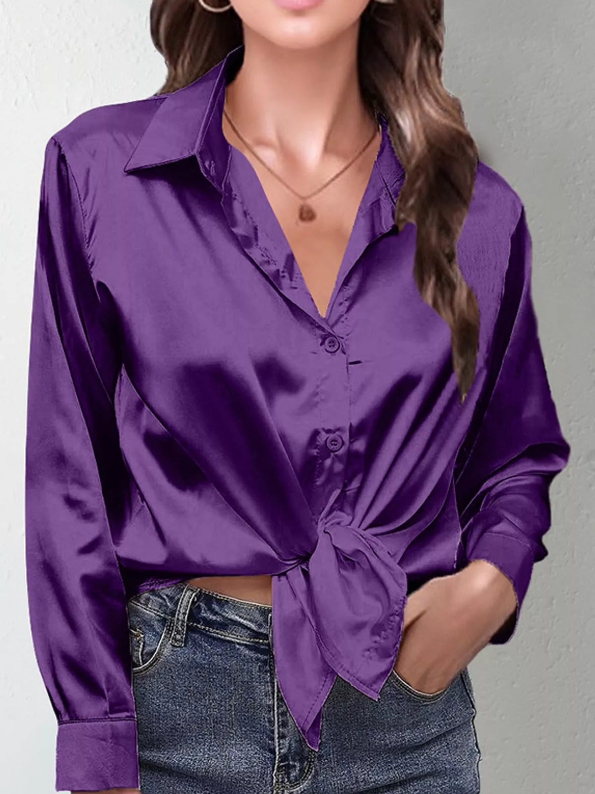 Purple satin button-down long sleeve shirt