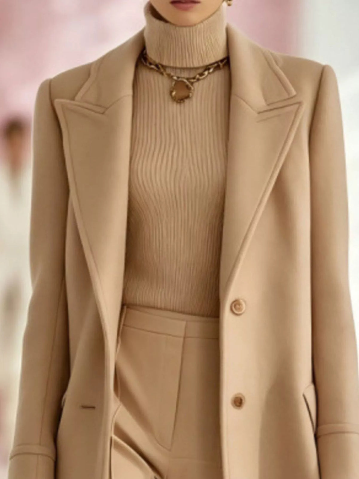 Women's Lapel Collar Longline Coat in camel — lapel detail view