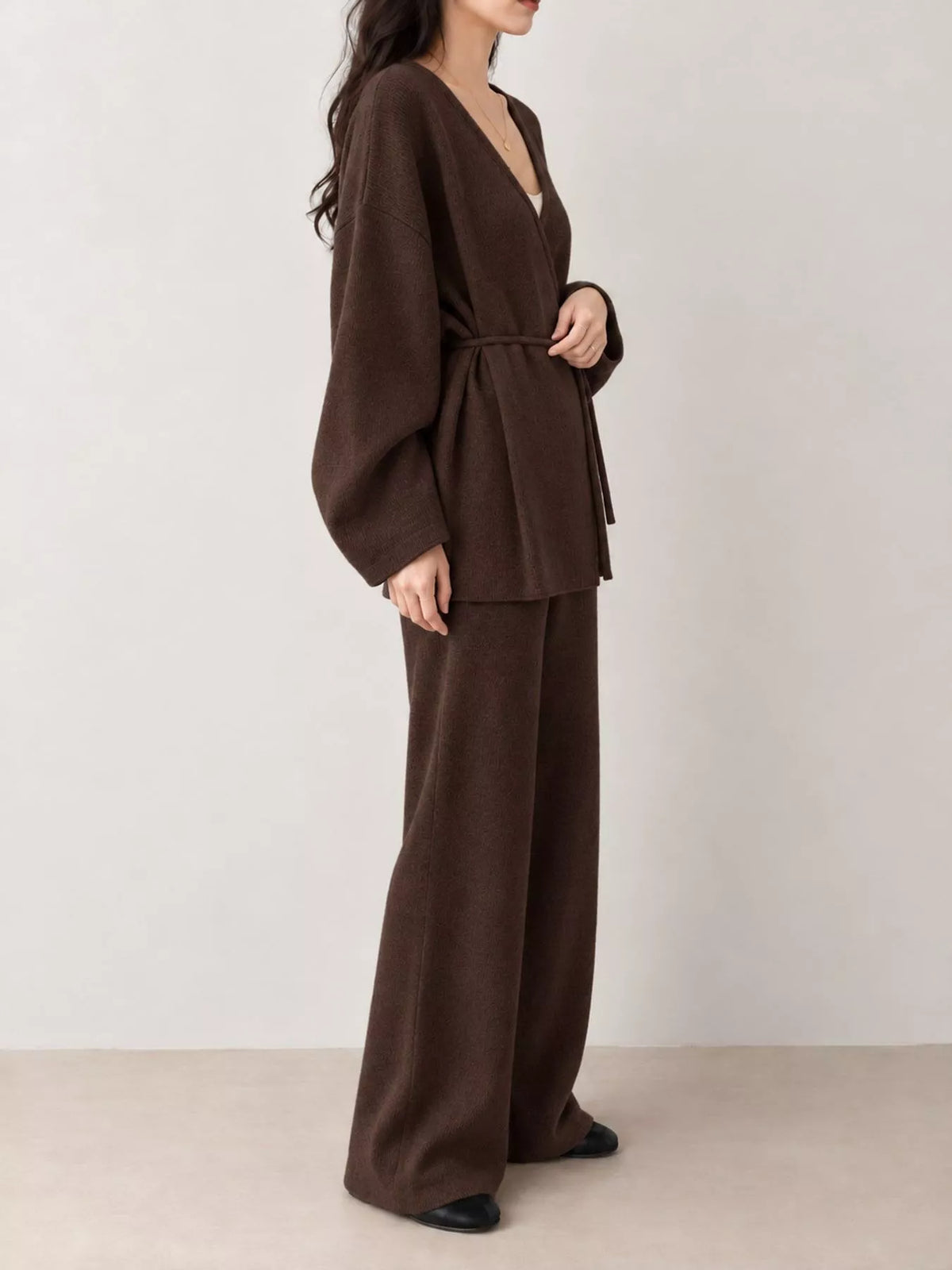 V-Neck Tied Wrap Cardigan and Wide-Leg Pants Sweater Set — side view