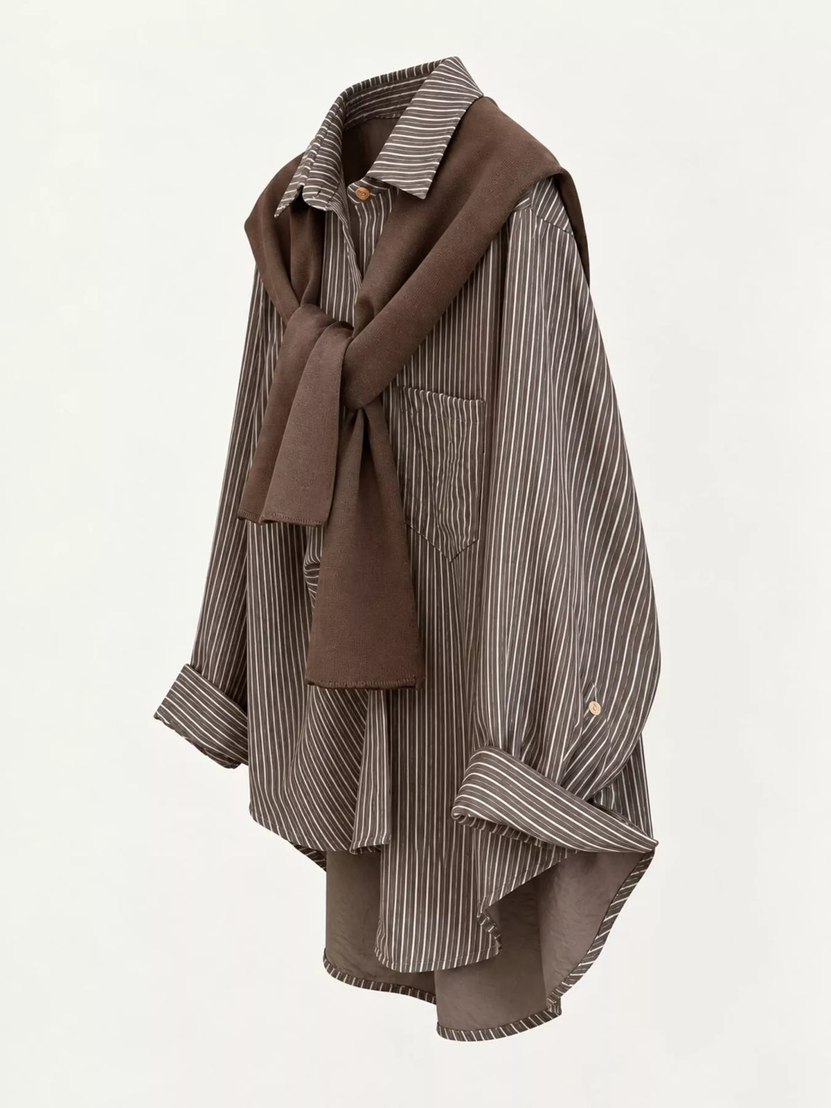 Striped High-Low Shirt with Knit Shawl — side view