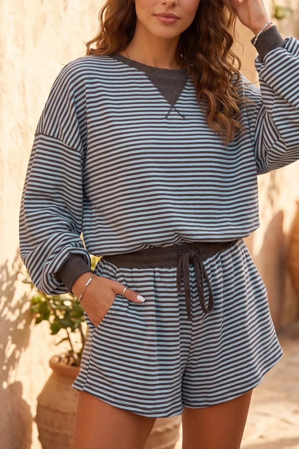 Trendsi Stripe Oversized Long Sleeve Top Drawstring Loose Shorts 2pcs Set -