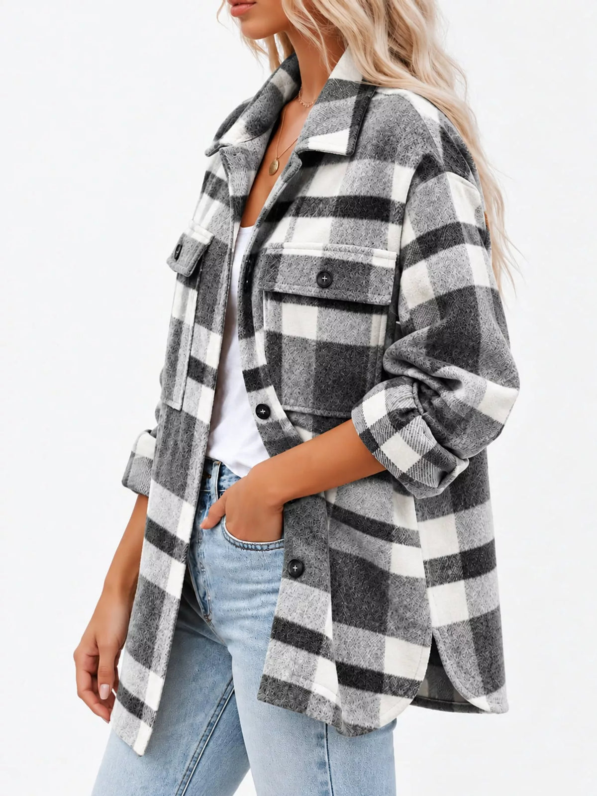 Collared long sleeve jacket, side view