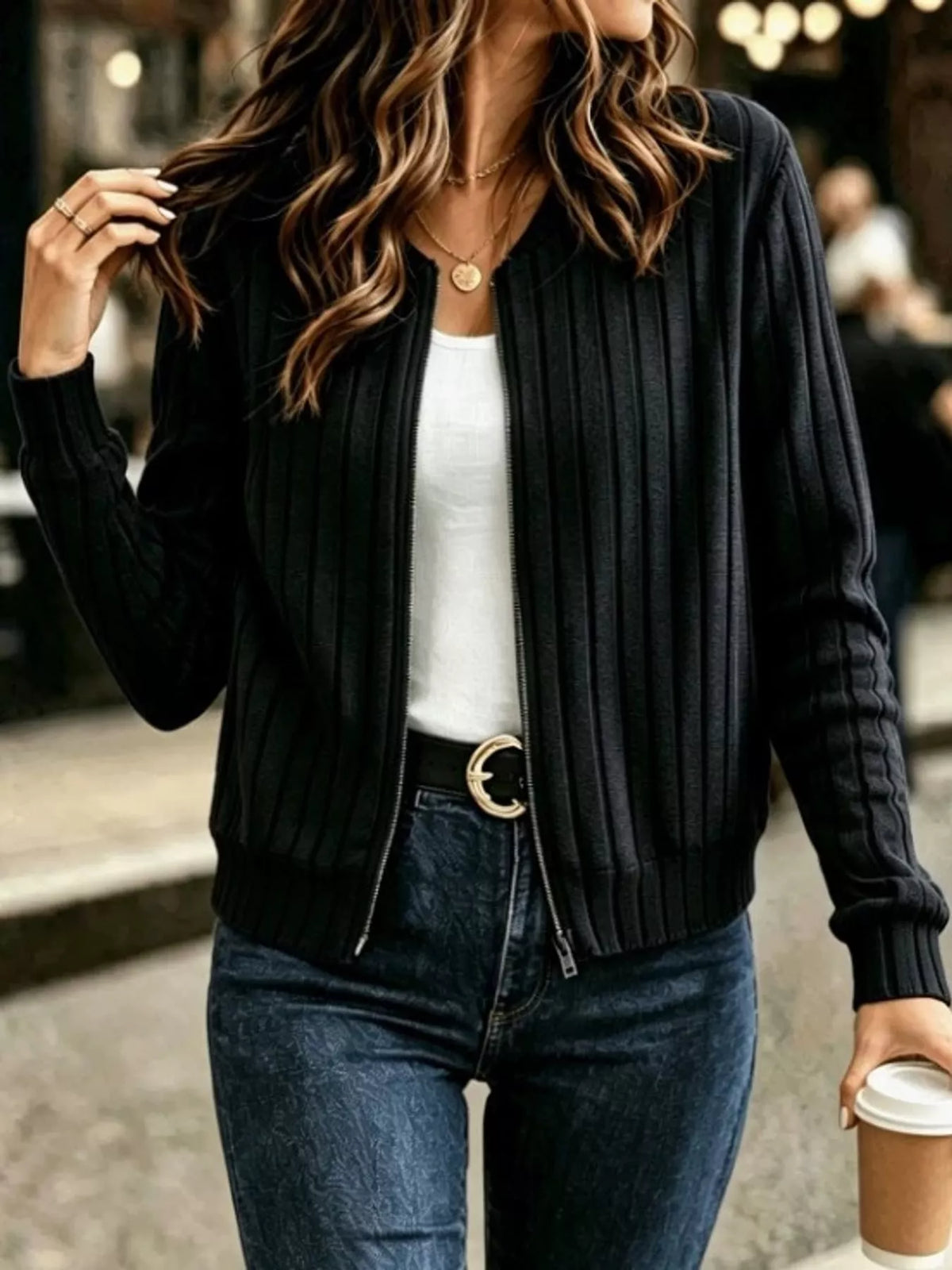 Ribbed Knit Zip-Up Bomber Jacket — front view