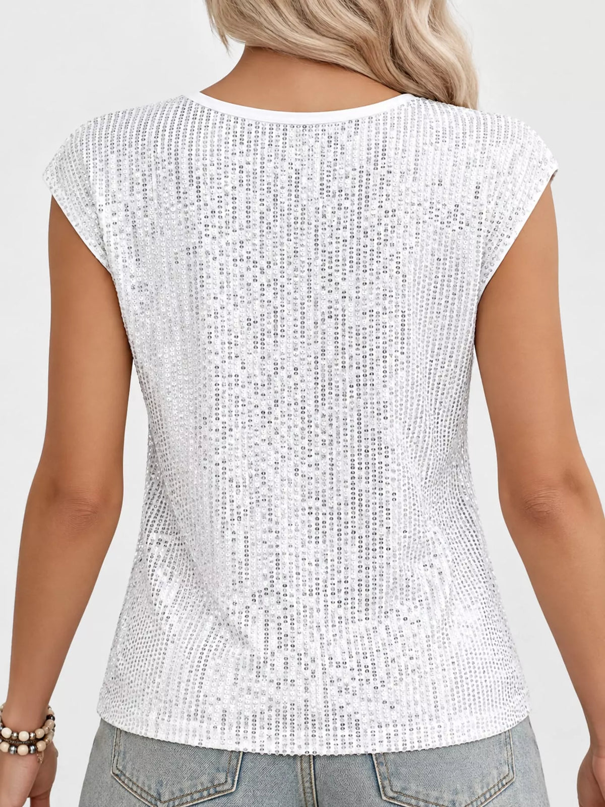 White sequin round neck tank, back view