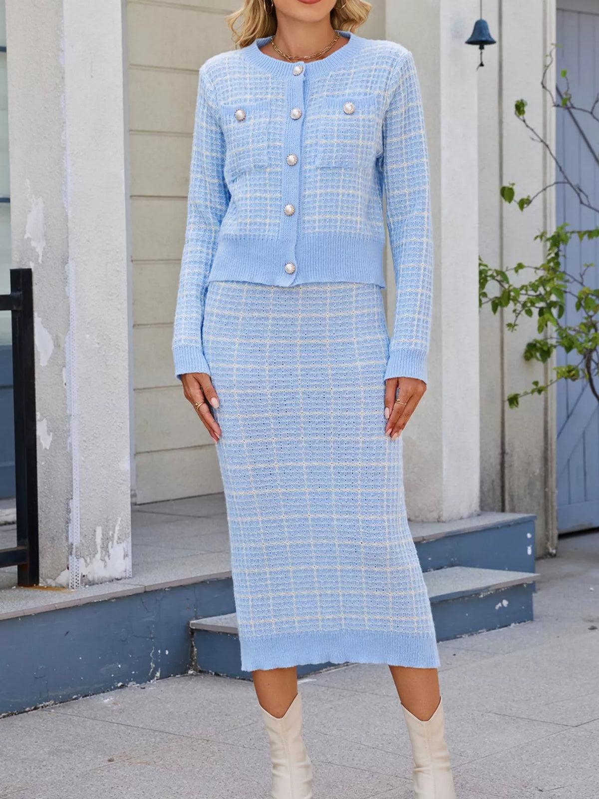 Plaid Cardigan and Midi Skirt Set
