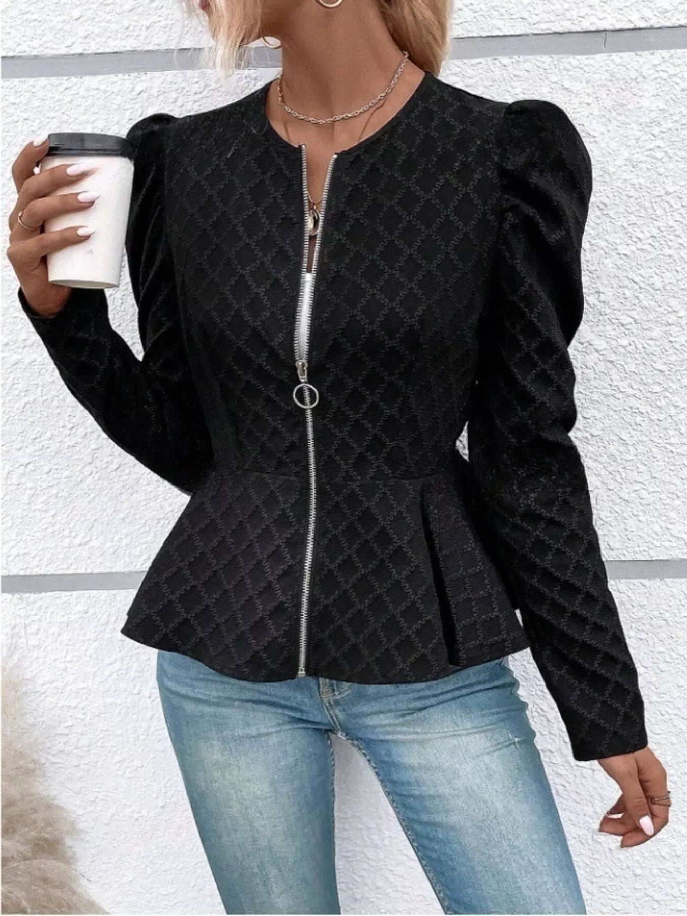 Trendsi Puff Sleeve Textured Jacquard Jacket -