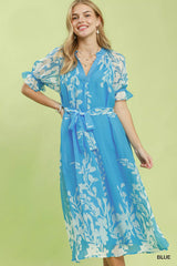 Trendsi Umgee Floral Print Tie Waist Midi Dress with Side Pockets -