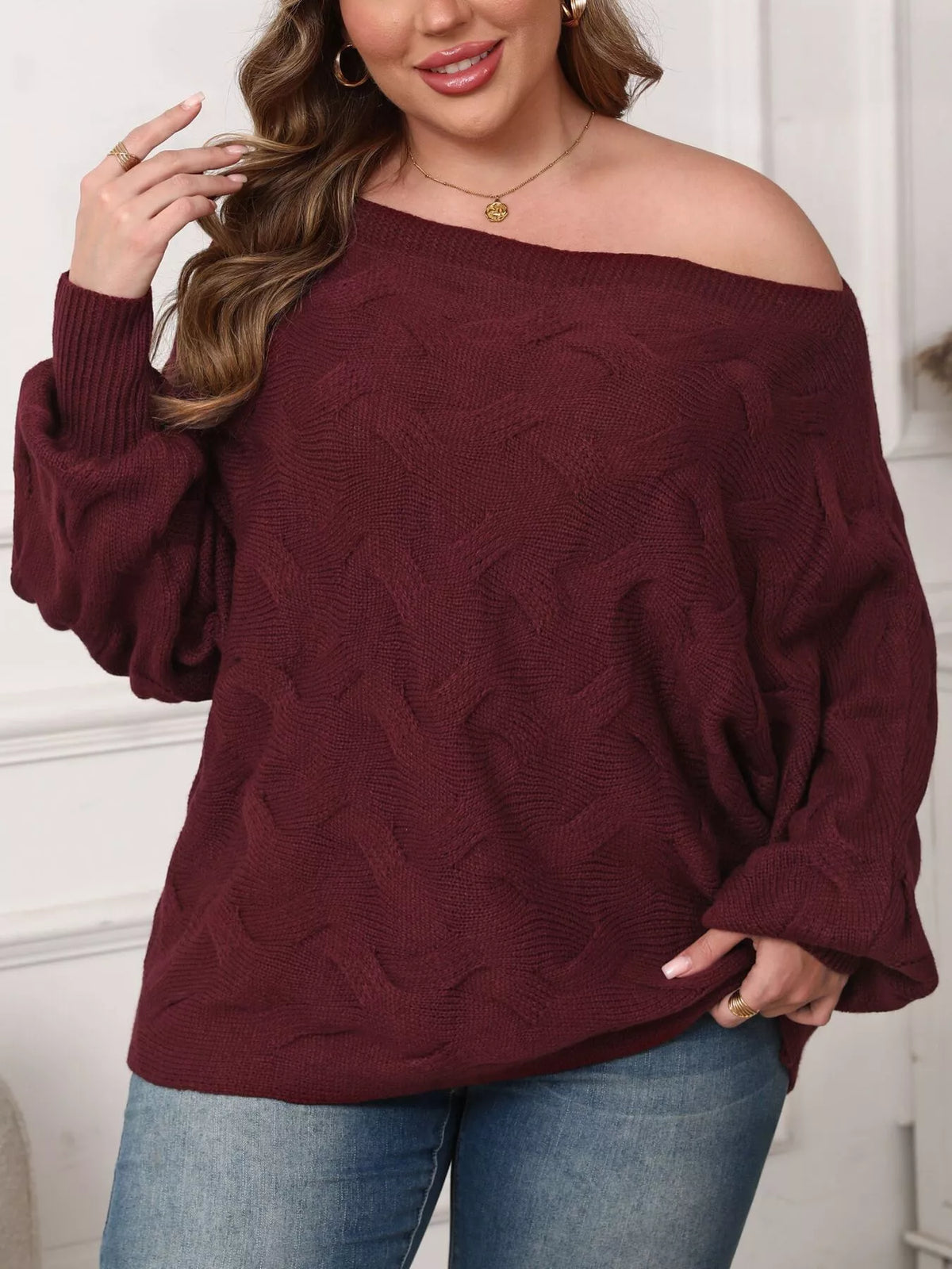Trendsi Plus Size Off-Shoulder Long Sleeve Sweater -