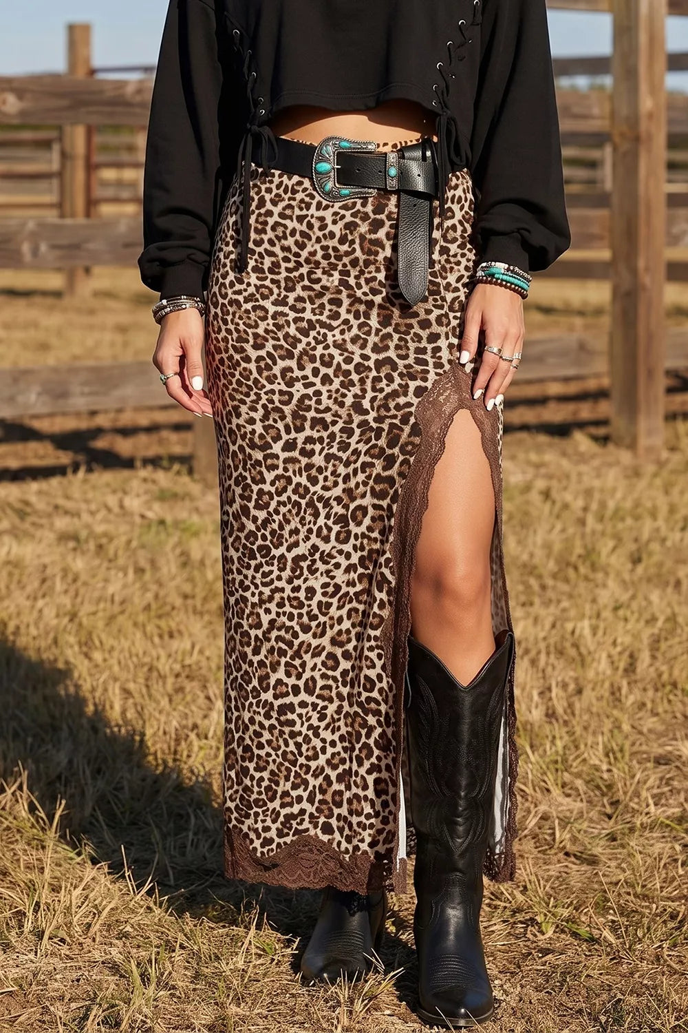 Trendsi Lace Detail Slit Leopard Print Skirt -