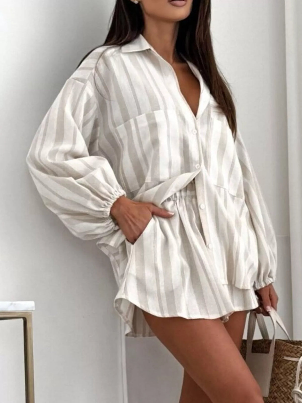 Trendsi Long Sleeve Shirt and High-Waisted Shorts Set -