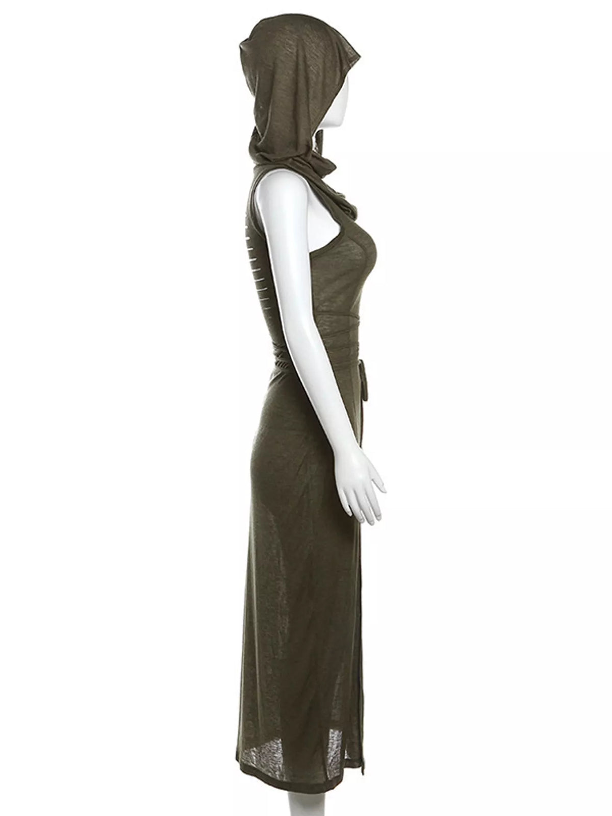 Olive green sleeveless high slit hooded maxi dress, side view