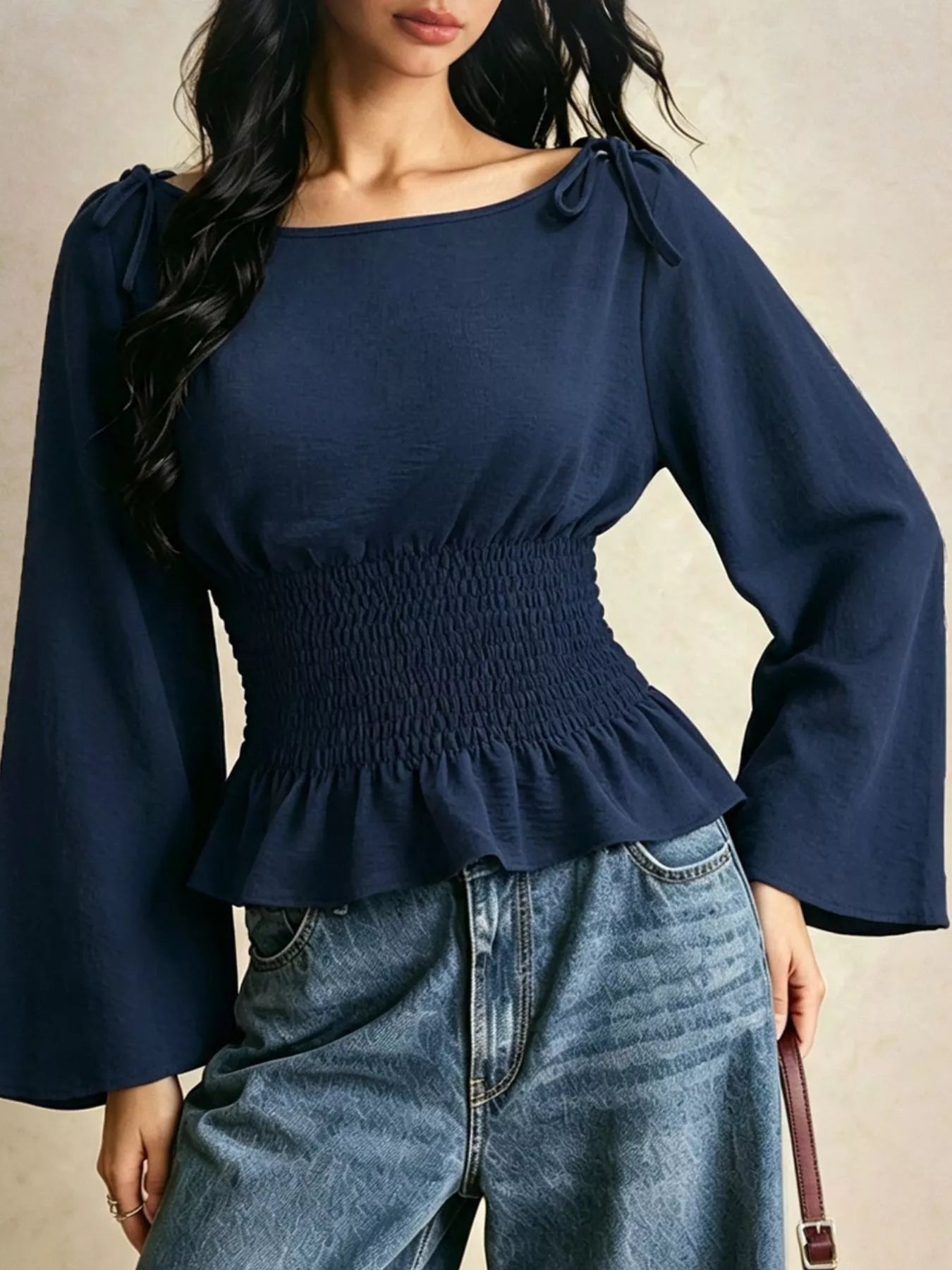 Trendsi Smocked Waist Flare Sleeve Blouse -