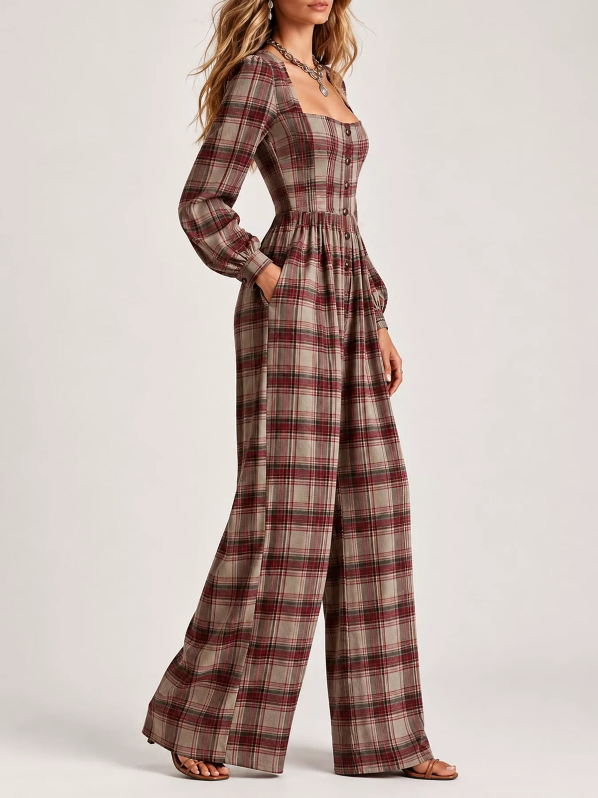 Plaid jumpsuit, burgundy plaid side