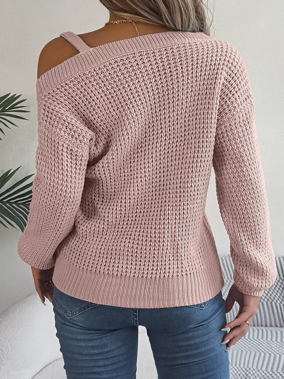Asymmetrical Neck Long Sleeve Sweater in pink, back view