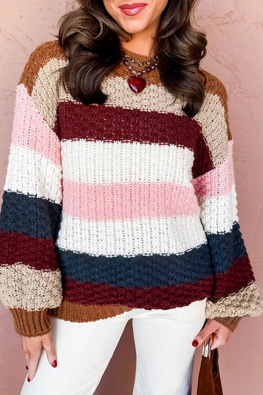 Trendsi Striped Knit Dropped Shoulder Round Neck Sweater -