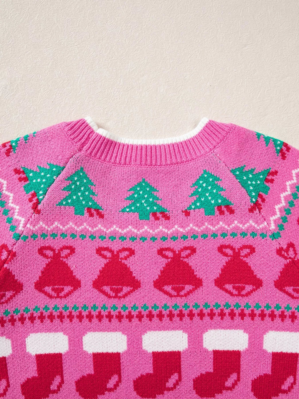 Pink Christmas graphic sweater, back neckline detail