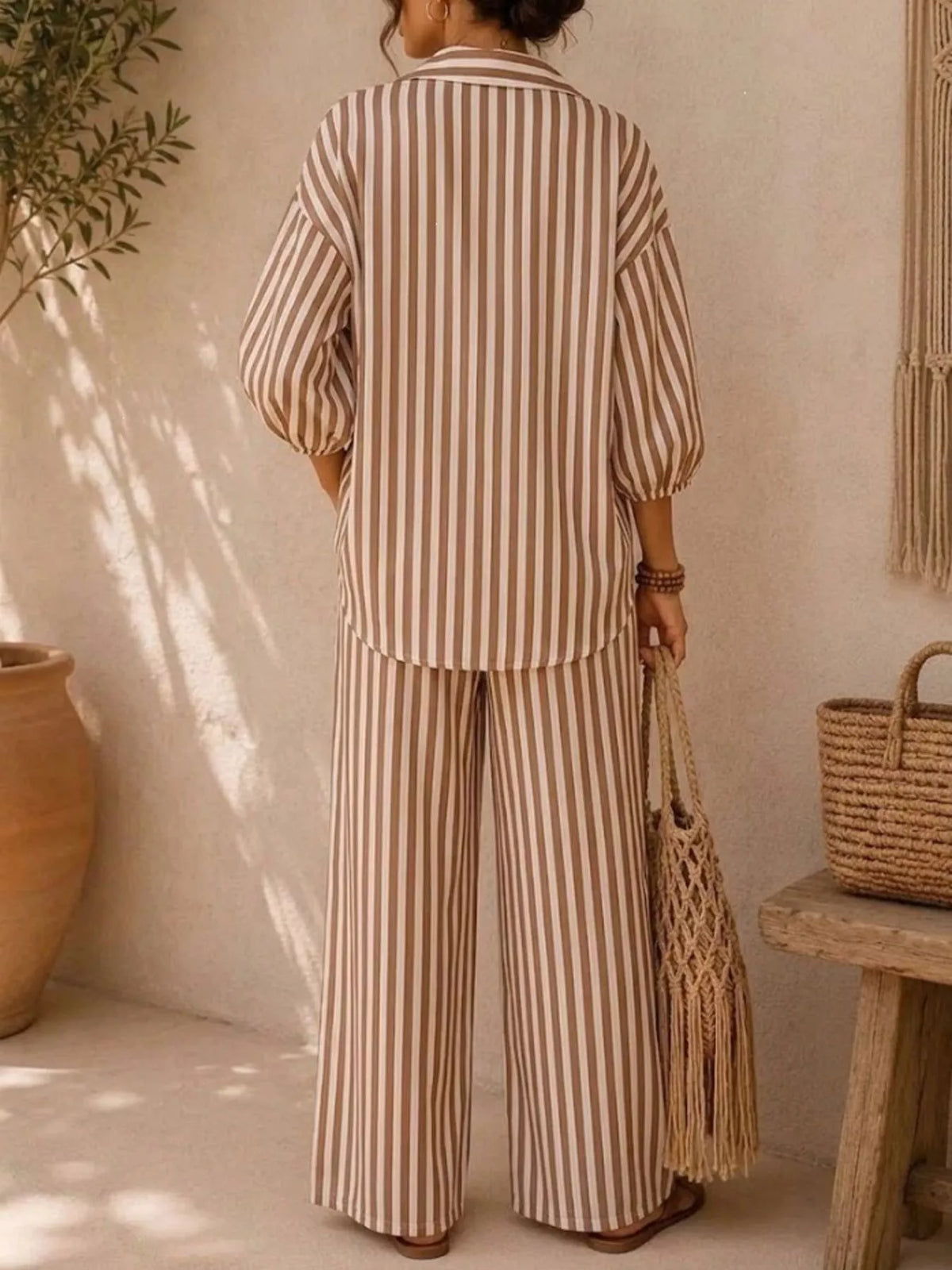 Khaki striped shirt and wide-leg pants set, back view