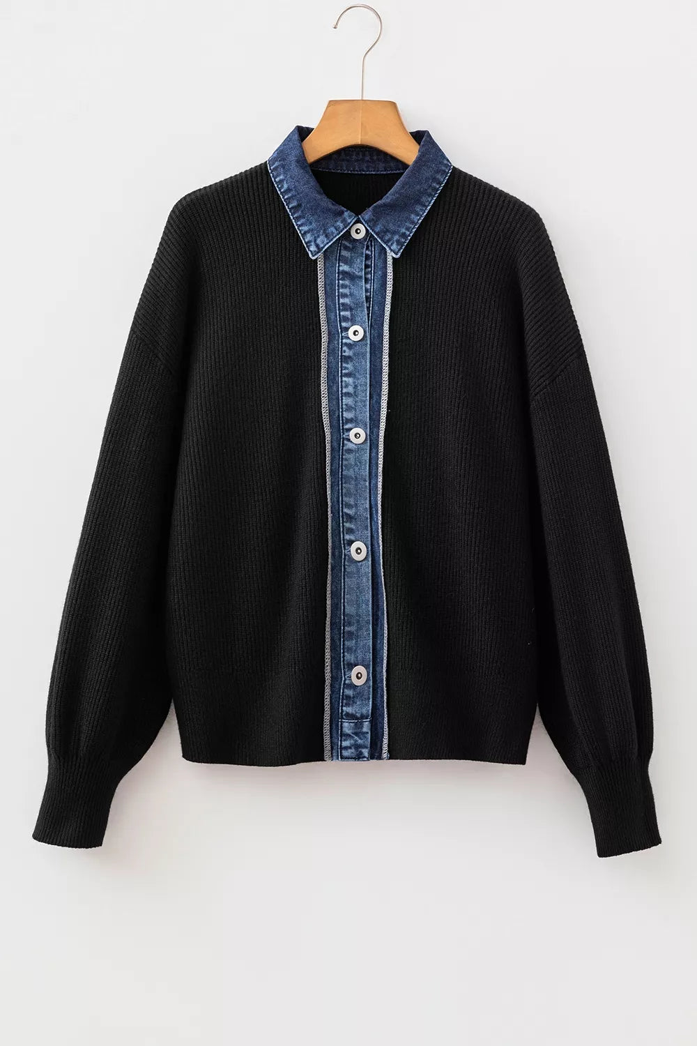 Trendsi Denim Contrast Placket Long Sleeve Cardigan -